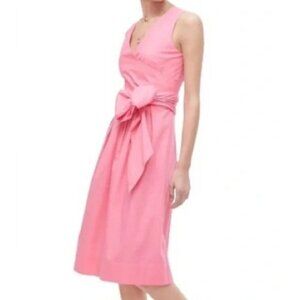 J. Crew Faux Wrap Dress Women's Petite 8 Cotton Poplin Pink Midi Bow Ties NEW